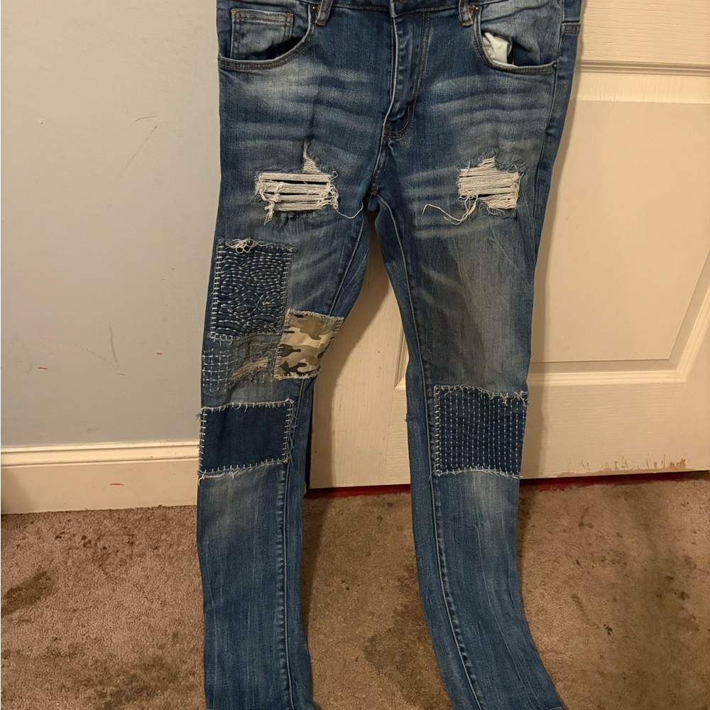 Blue Distressed Patchwork Jeans